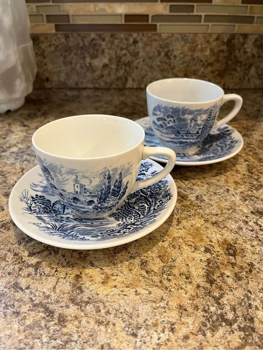 Wedgwood Countryside Teacups and Saucers Set of 2 Blue and White, England